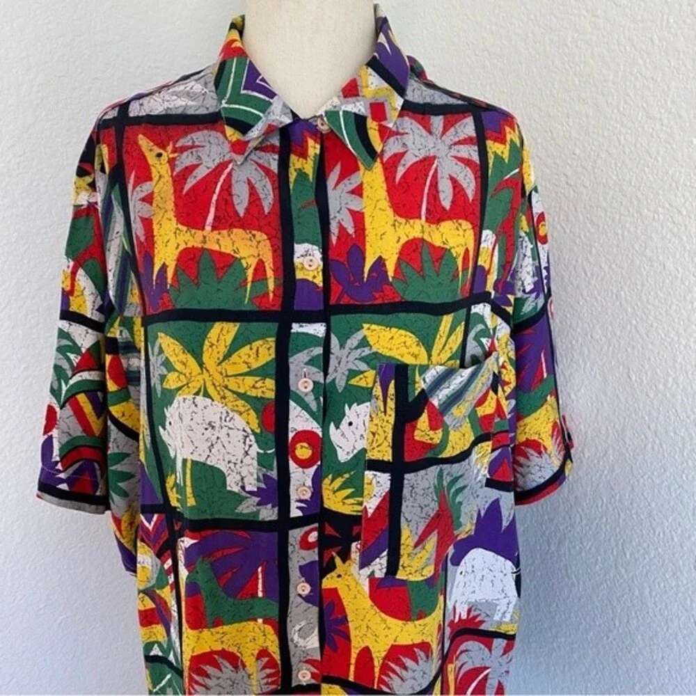 Vintage Bellows Brut Le Garage France Red Blue Vibrant Color Tropical Top SZ L